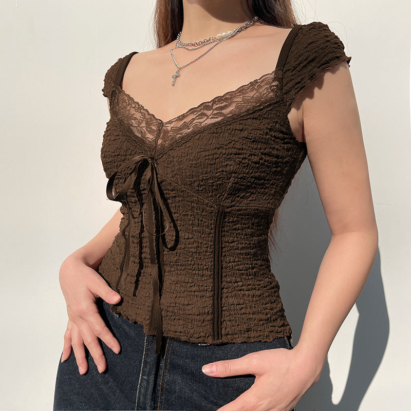 Brown Vintage Bow Fashion Top