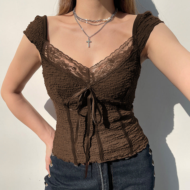 Brown Vintage Bow Fashion Top