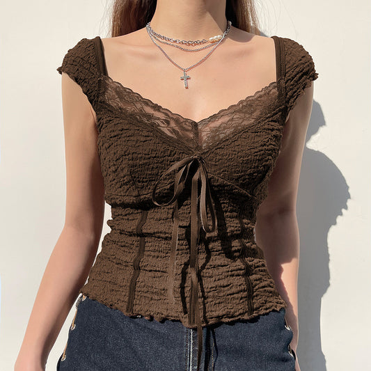 Brown Vintage Bow Fashion Top